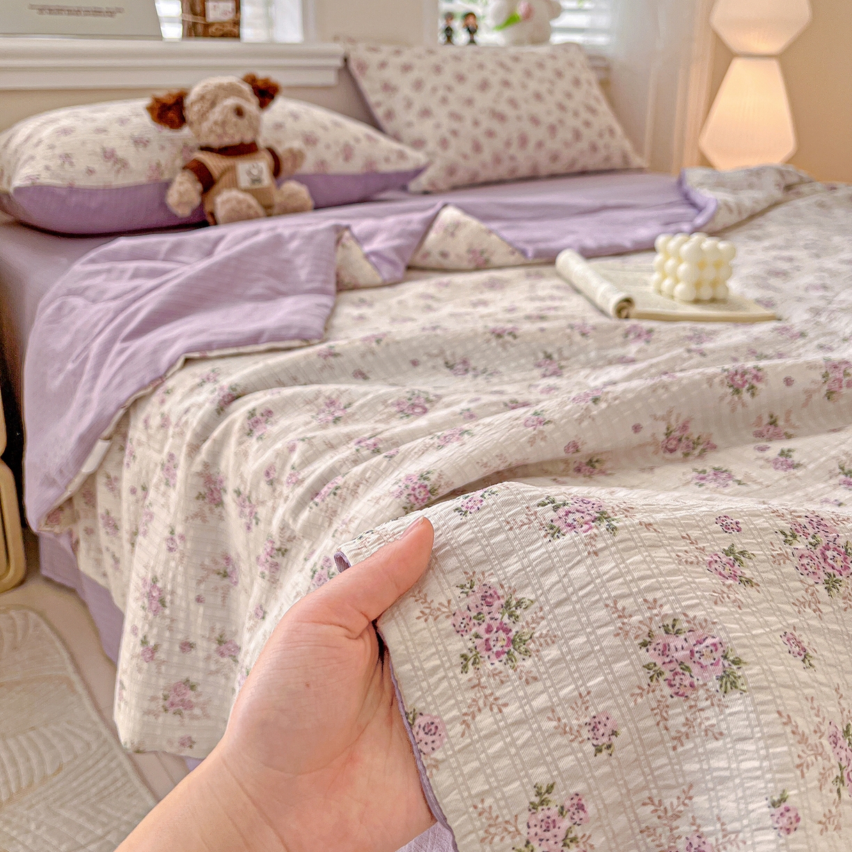 91家纺网 家纺一手货源 找家纺 王朝国际 2026新款A类彩竺棉印花夏被四件套 莫奈紫