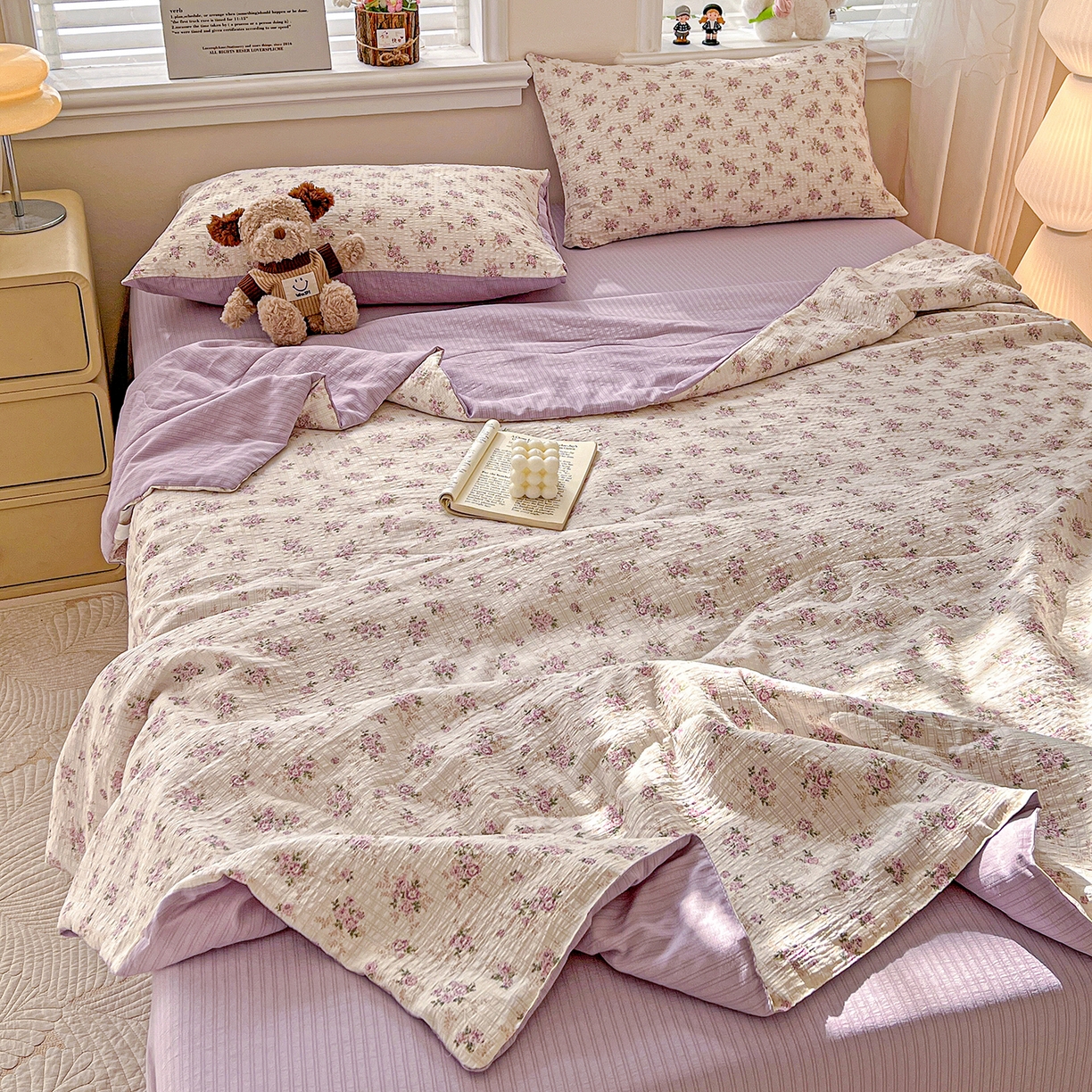 91家纺网 家纺一手货源 找家纺 王朝国际 2026新款A类彩竺棉印花夏被四件套 莫奈紫