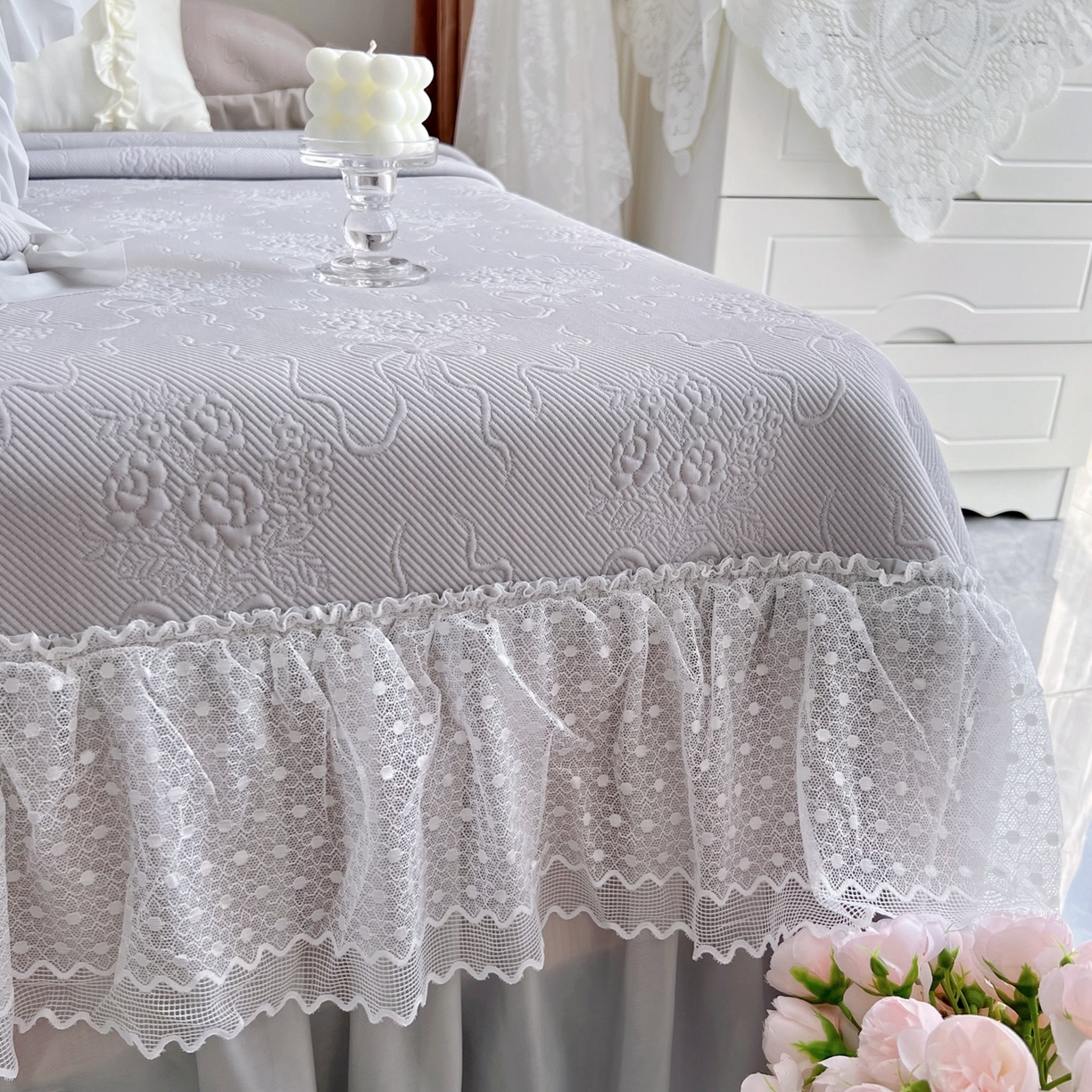 91家纺网 家纺一手货源 找家纺 恋尚羽 2026新款高分子PE凉泡泡大床裙凉感席波浪冰豆豆凉席席子三件套-蝴蝶结系列手捧花 灰色