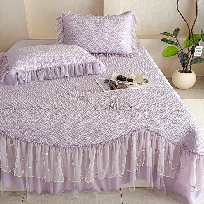 91家纺网 家纺一手货源 找家纺 金绣美居 2026新款PE高分子凉感席冰感床裙款三件套-安然影 安然影-紫色