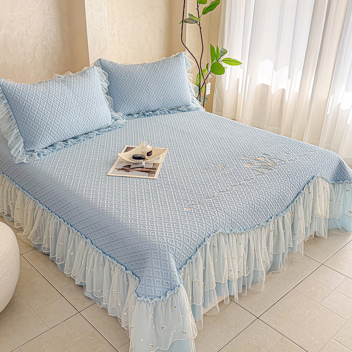 91家纺网 家纺一手货源 找家纺 金绣美居 2026新款PE高分子凉感席冰感床裙款三件套-安然影 安然影-蓝色