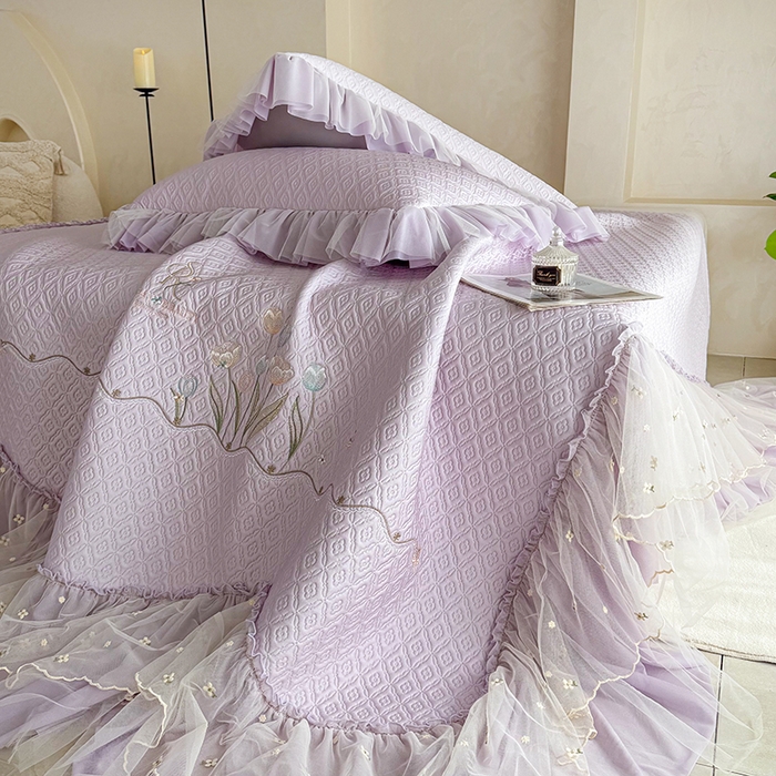 91家纺网 家纺一手货源 找家纺 金绣美居 2026新款PE高分子凉感席冰感床裙款三件套-安然影 安然影-紫色