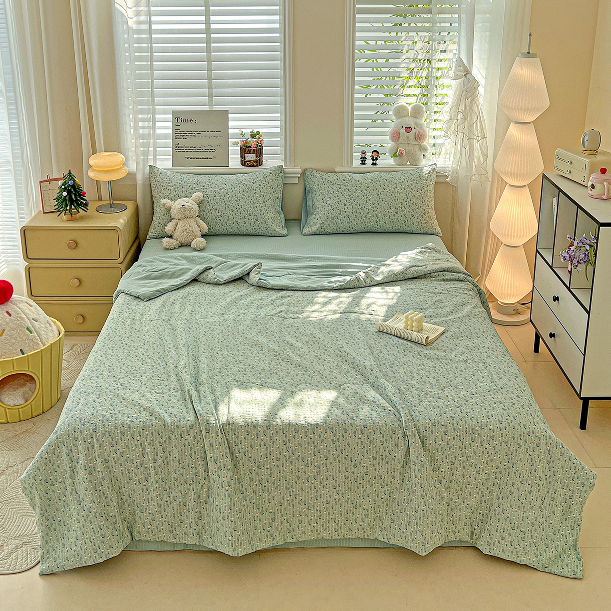 王朝国际 2026新款A类彩竺棉印花夏被四件套 奶蓝泡芙