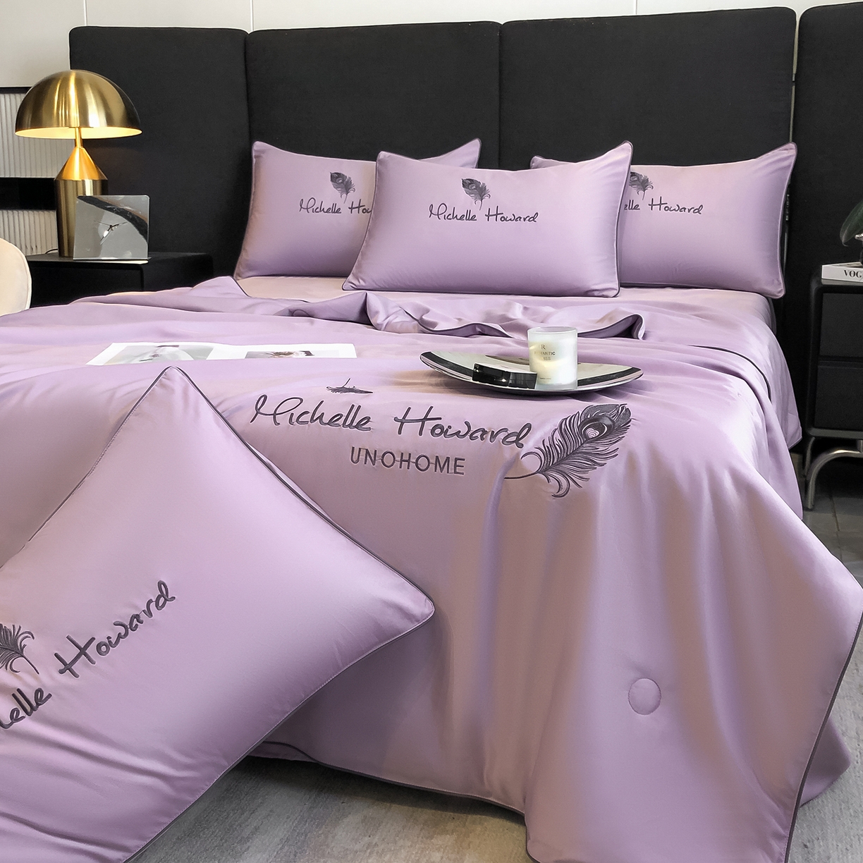 91家纺网 家纺一手货源 找家纺 吾诺家居 2026新款双拼及羽毛刺绣夏被夏凉被空调被四件套-柔羽 羽毛紫