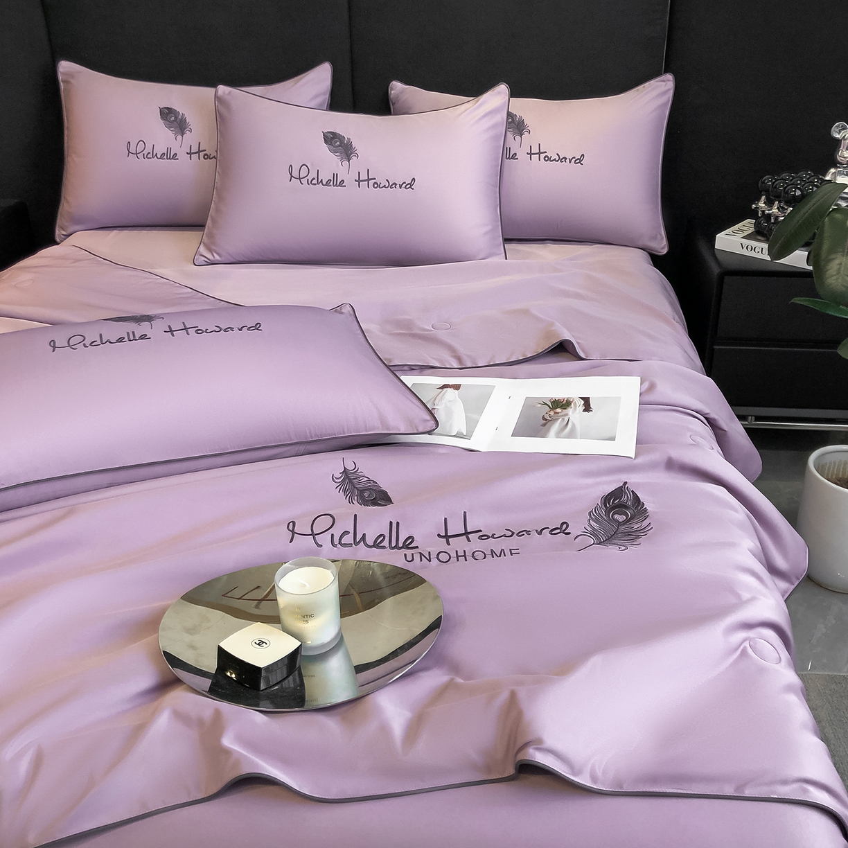 91家纺网 家纺一手货源 找家纺 吾诺家居 2026新款双拼及羽毛刺绣夏被夏凉被空调被四件套-柔羽 羽毛紫