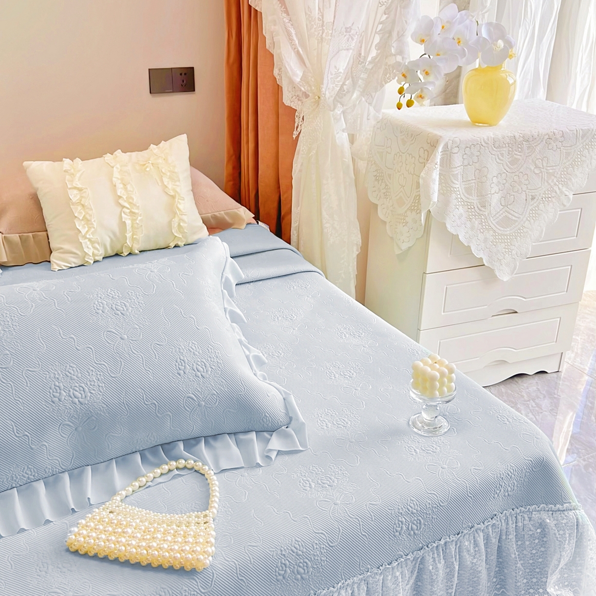 91家纺网 家纺一手货源 找家纺 恋尚羽 2026新款高分子PE凉泡泡大床裙凉感席波浪冰豆豆凉席席子三件套-蝴蝶结系列手捧花 兰色