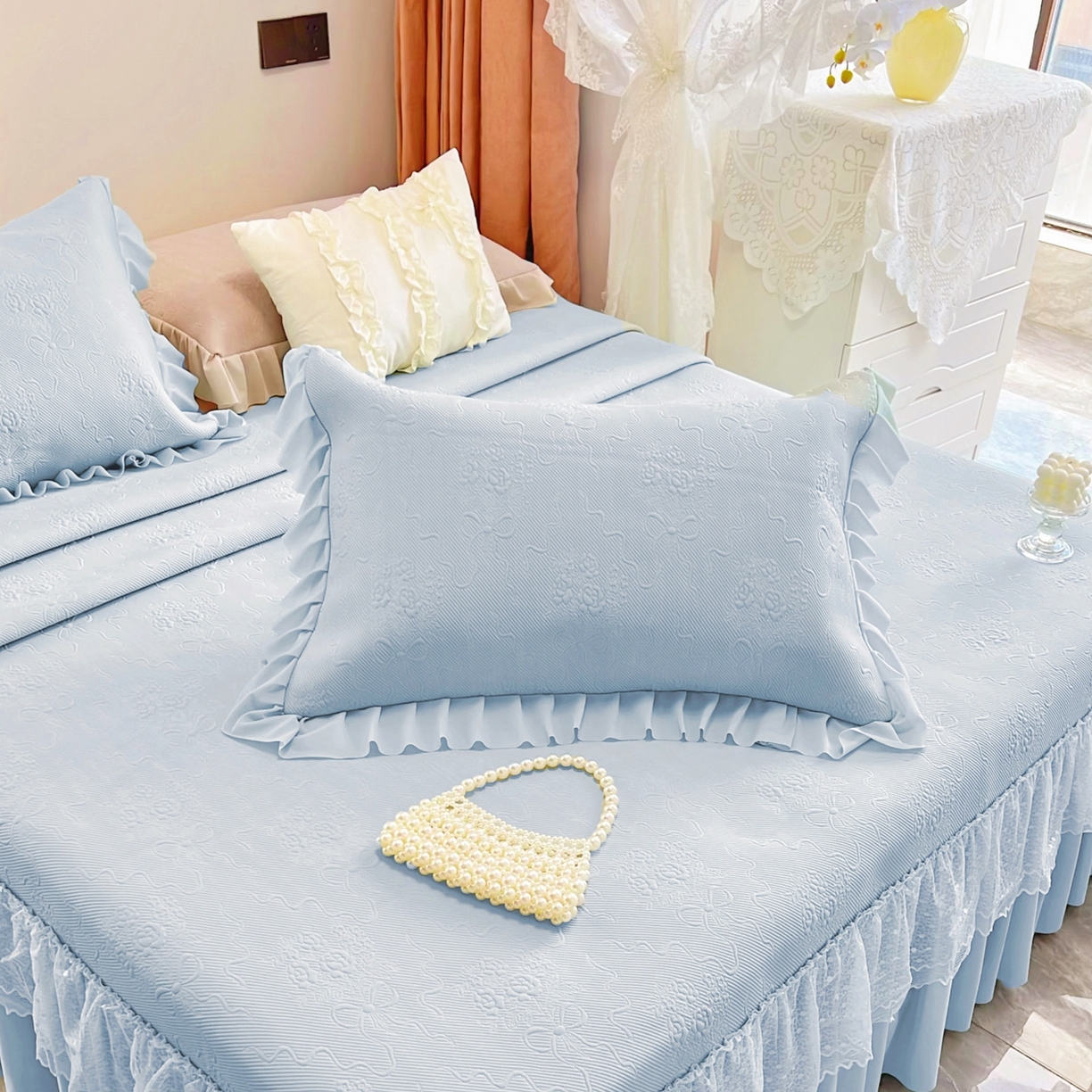 91家纺网 家纺一手货源 找家纺 恋尚羽 2026新款高分子PE凉泡泡大床裙凉感席波浪冰豆豆凉席席子三件套-蝴蝶结系列手捧花 兰色