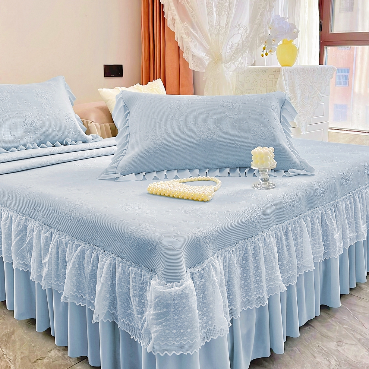 恋尚羽 2026新款高分子PE凉泡泡大床裙凉感席波浪冰豆豆凉席席子三件套-蝴蝶结系列手捧花 兰色