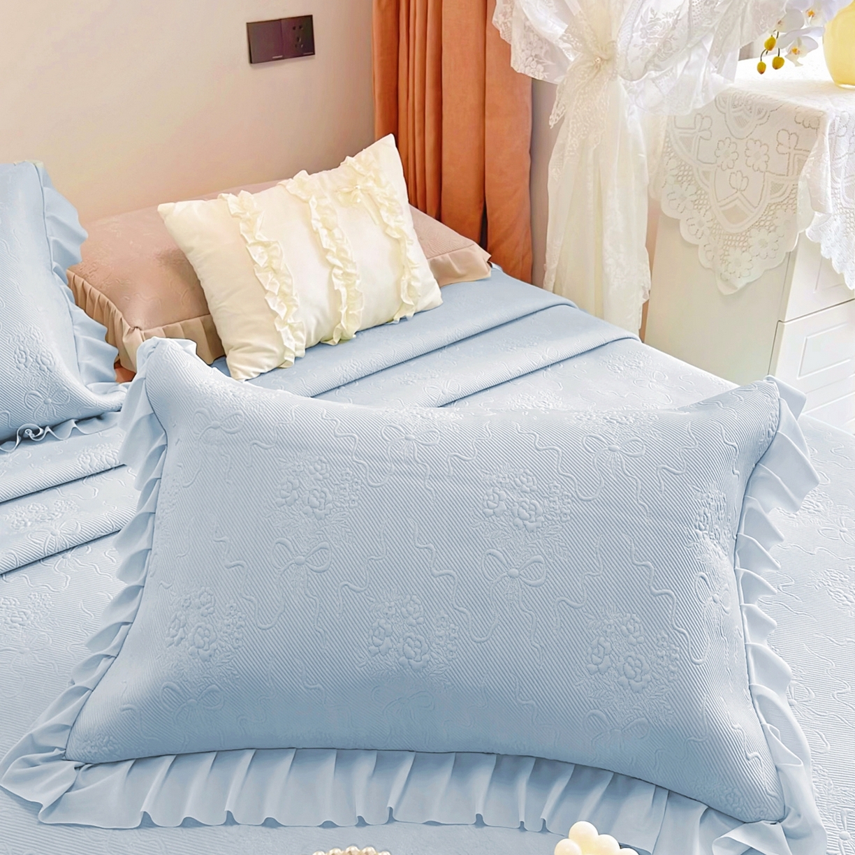 91家纺网 家纺一手货源 找家纺 恋尚羽 2026新款高分子PE凉泡泡大床裙凉感席波浪冰豆豆凉席席子三件套-蝴蝶结系列手捧花 兰色