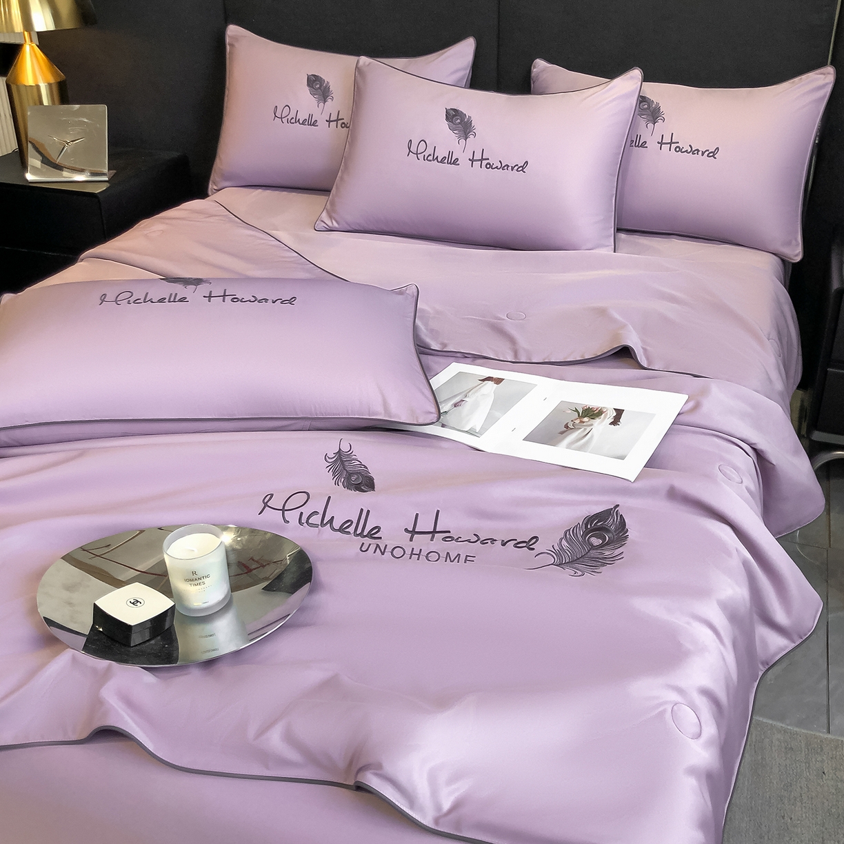 91家纺网 家纺一手货源 找家纺 吾诺家居 2026新款双拼及羽毛刺绣夏被夏凉被空调被四件套-柔羽 羽毛紫