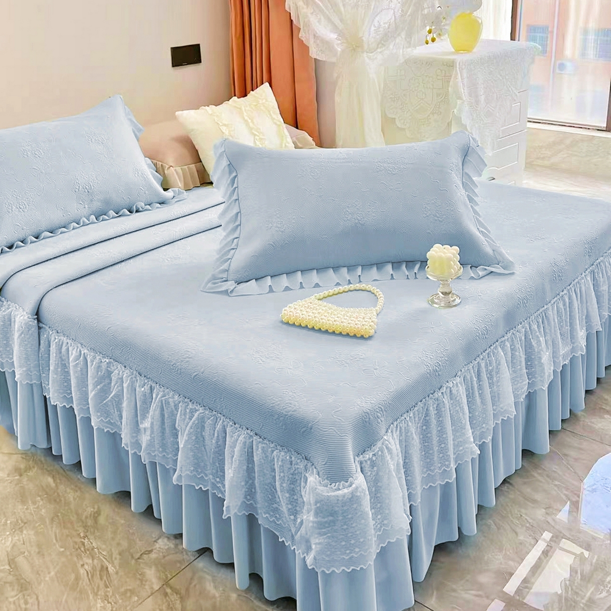 91家纺网 家纺一手货源 找家纺 恋尚羽 2026新款高分子PE凉泡泡大床裙凉感席波浪冰豆豆凉席席子三件套-蝴蝶结系列手捧花 兰色