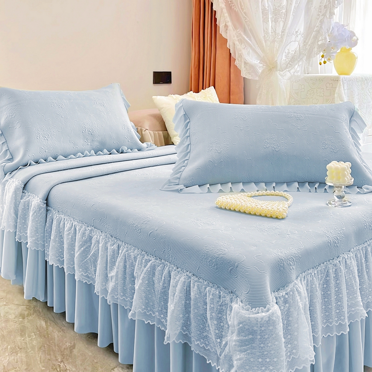 91家纺网 家纺一手货源 找家纺 恋尚羽 2026新款高分子PE凉泡泡大床裙凉感席波浪冰豆豆凉席席子三件套-蝴蝶结系列手捧花 兰色