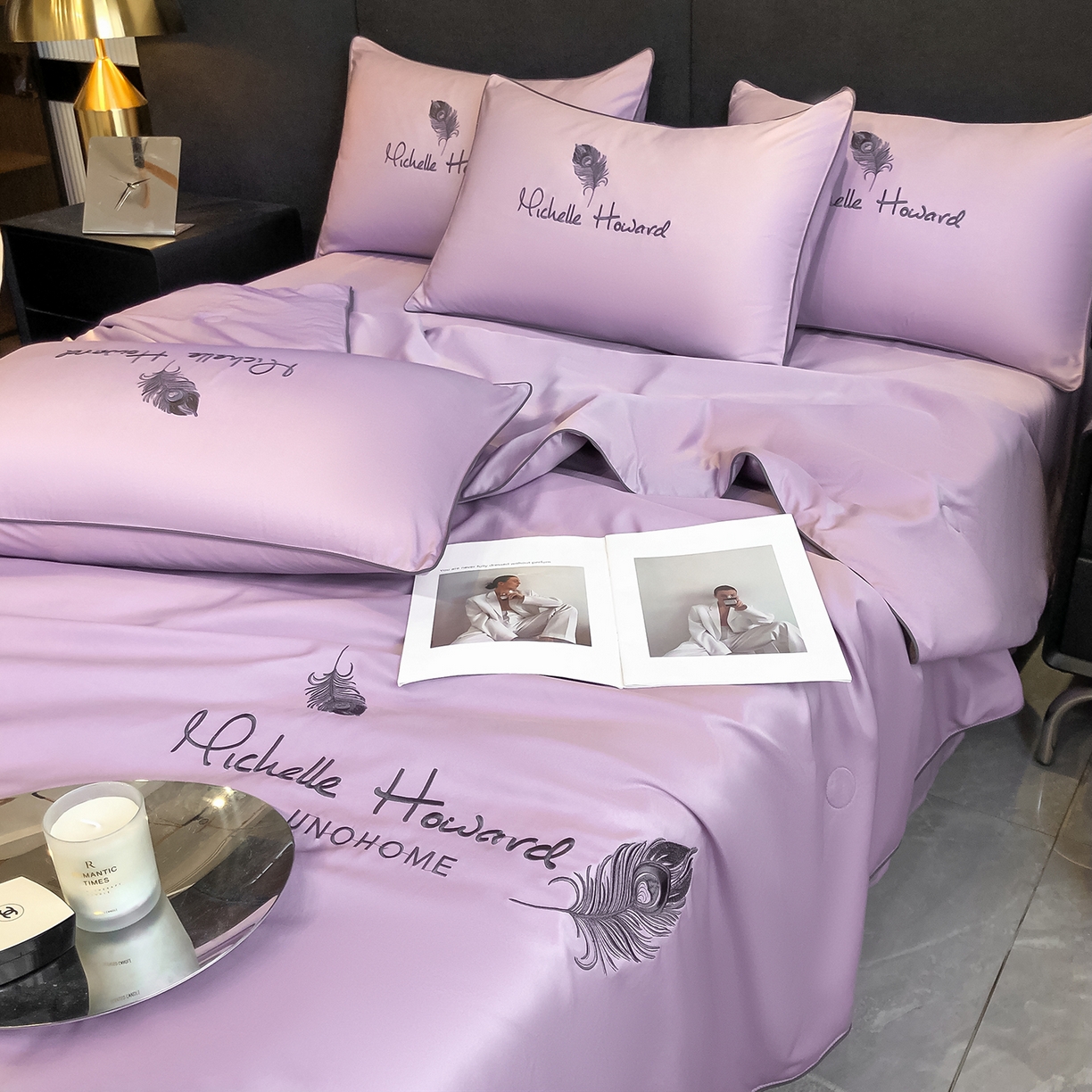 91家纺网 家纺一手货源 找家纺 吾诺家居 2026新款双拼及羽毛刺绣夏被夏凉被空调被四件套-柔羽 羽毛紫