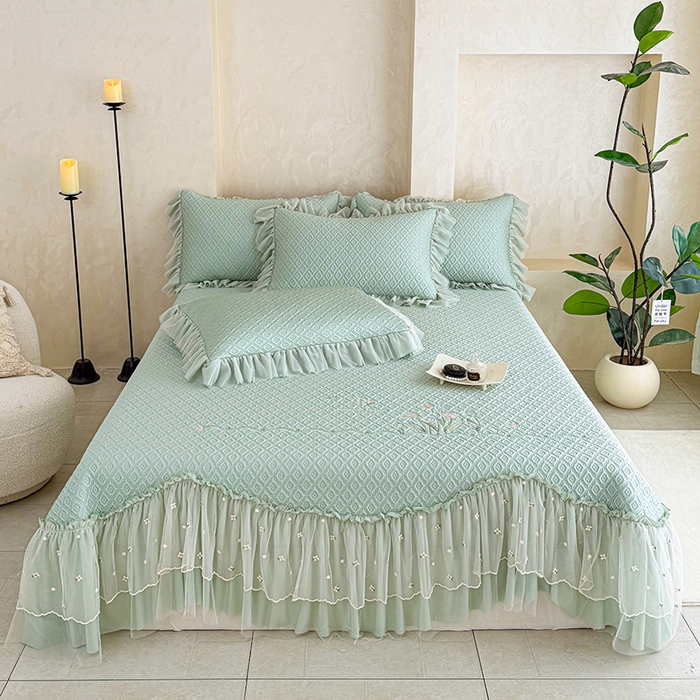 金绣美居 2026新款PE高分子凉感席冰感床裙款三件套-安然影 安然影-清水绿
