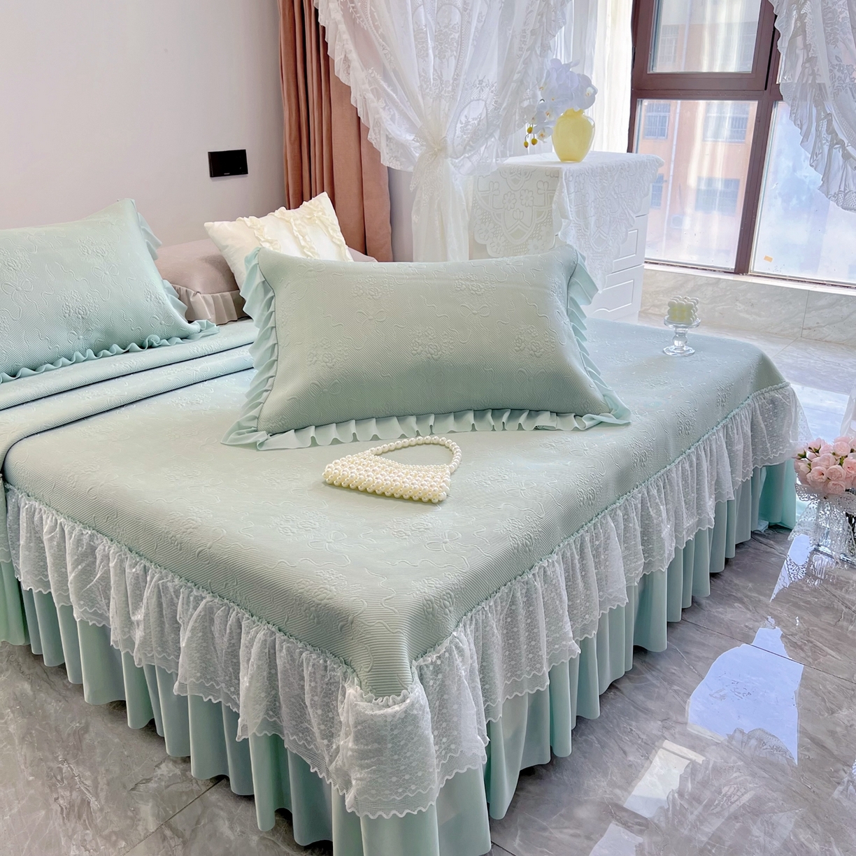 91家纺网 家纺一手货源 找家纺 恋尚羽 2026新款高分子PE凉泡泡大床裙凉感席波浪冰豆豆凉席席子三件套-蝴蝶结系列手捧花 绿色