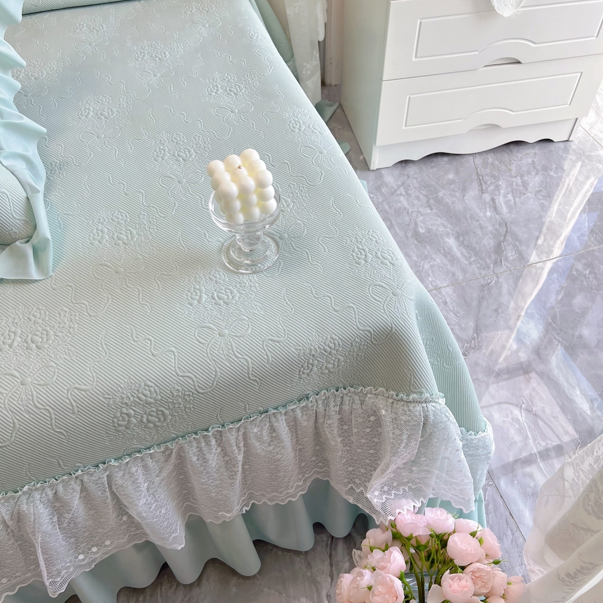 91家纺网 家纺一手货源 找家纺 恋尚羽 2026新款高分子PE凉泡泡大床裙凉感席波浪冰豆豆凉席席子三件套-蝴蝶结系列手捧花 绿色