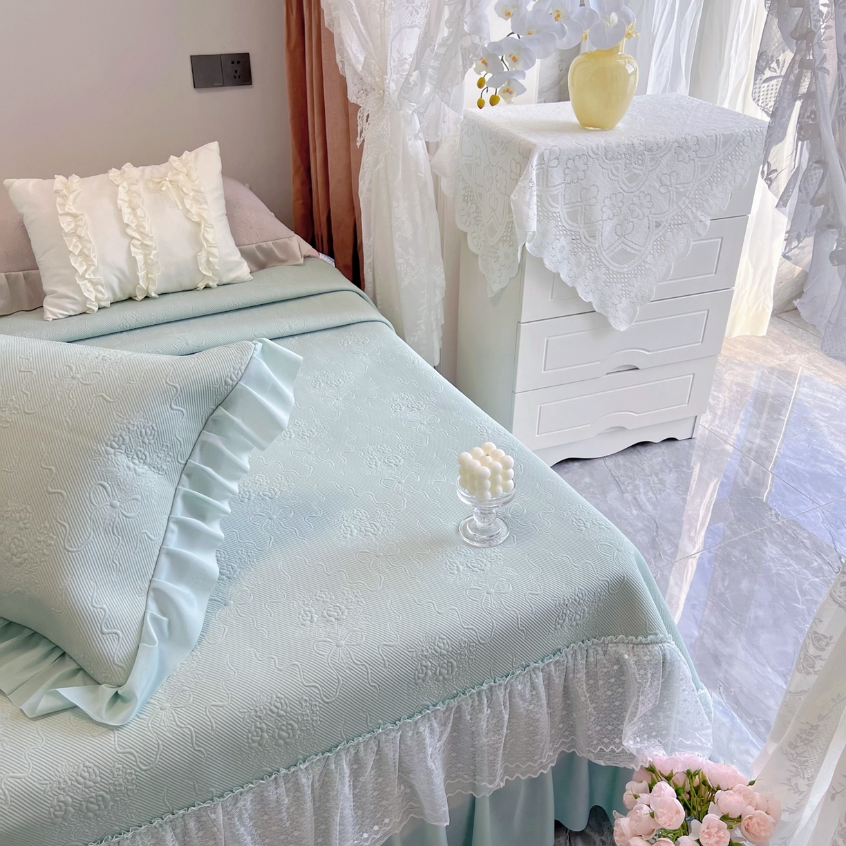 91家纺网 家纺一手货源 找家纺 恋尚羽 2026新款高分子PE凉泡泡大床裙凉感席波浪冰豆豆凉席席子三件套-蝴蝶结系列手捧花 绿色