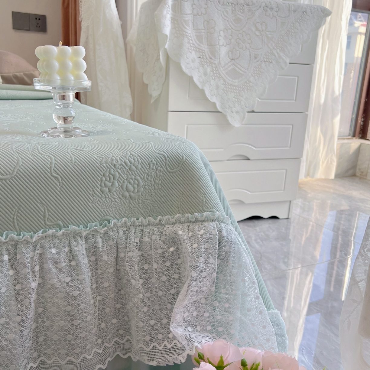 91家纺网 家纺一手货源 找家纺 恋尚羽 2026新款高分子PE凉泡泡大床裙凉感席波浪冰豆豆凉席席子三件套-蝴蝶结系列手捧花 绿色