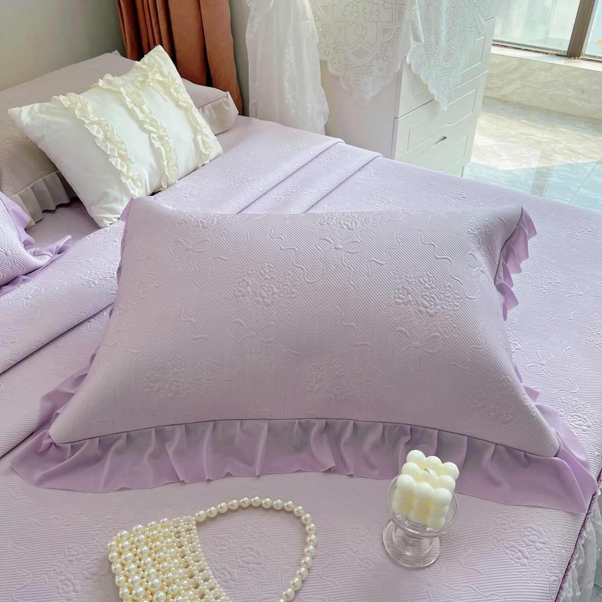 91家纺网 家纺一手货源 找家纺 恋尚羽 2026新款高分子PE凉泡泡大床裙凉感席波浪冰豆豆凉席席子三件套-蝴蝶结系列手捧花 紫色