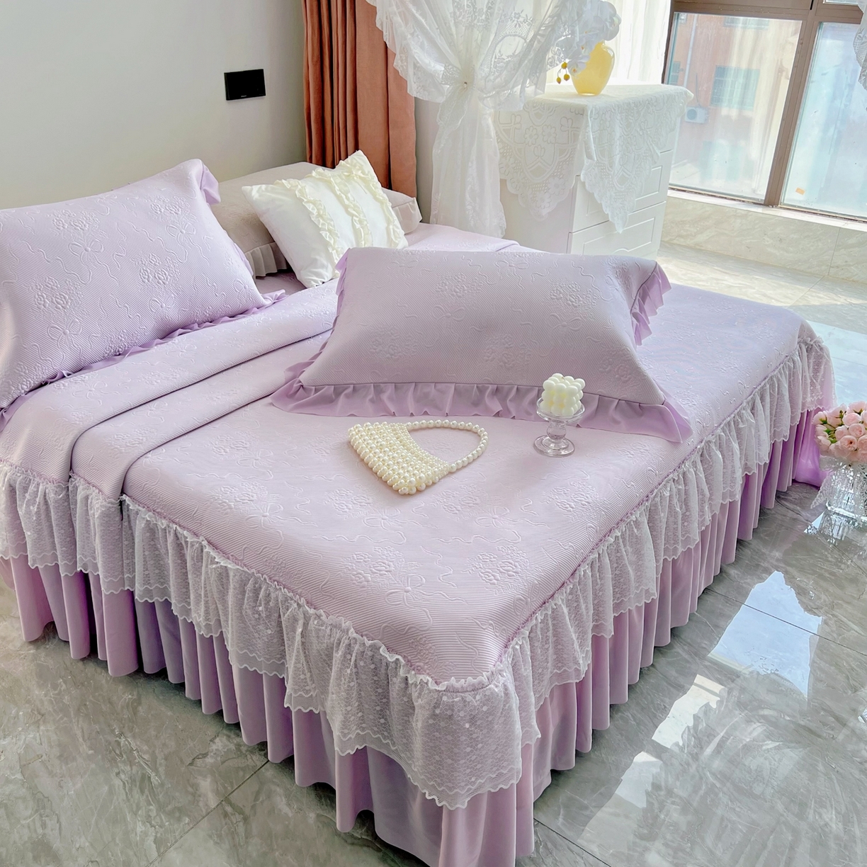 91家纺网 家纺一手货源 找家纺 恋尚羽 2026新款高分子PE凉泡泡大床裙凉感席波浪冰豆豆凉席席子三件套-蝴蝶结系列手捧花 紫色