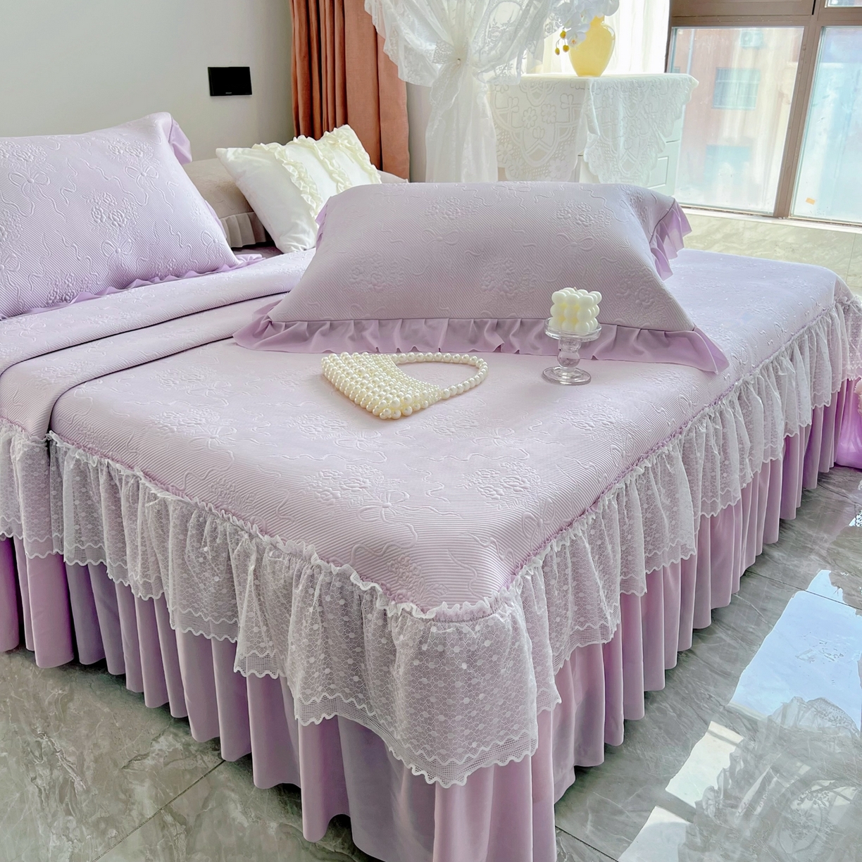 91家纺网 家纺一手货源 找家纺 恋尚羽 2026新款高分子PE凉泡泡大床裙凉感席波浪冰豆豆凉席席子三件套-蝴蝶结系列手捧花 紫色