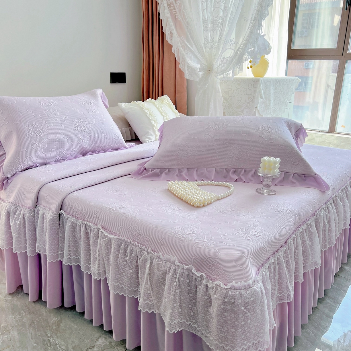 91家纺网 家纺一手货源 找家纺 恋尚羽 2026新款高分子PE凉泡泡大床裙凉感席波浪冰豆豆凉席席子三件套-蝴蝶结系列手捧花 紫色