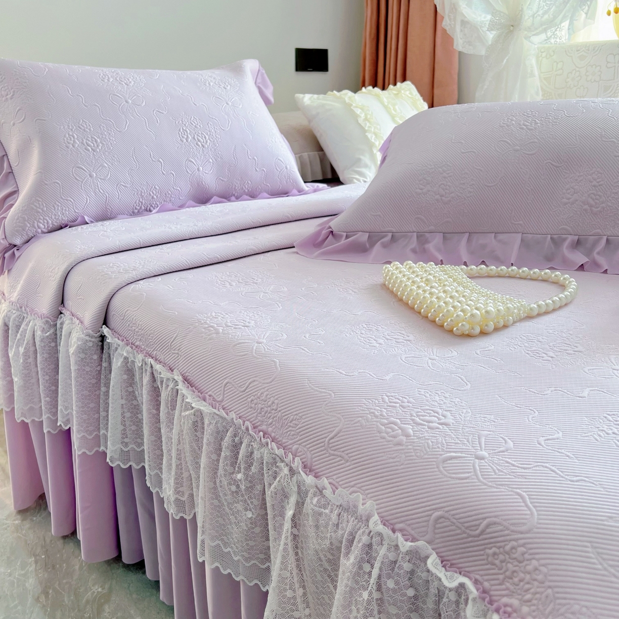 91家纺网 家纺一手货源 找家纺 恋尚羽 2026新款高分子PE凉泡泡大床裙凉感席波浪冰豆豆凉席席子三件套-蝴蝶结系列手捧花 紫色