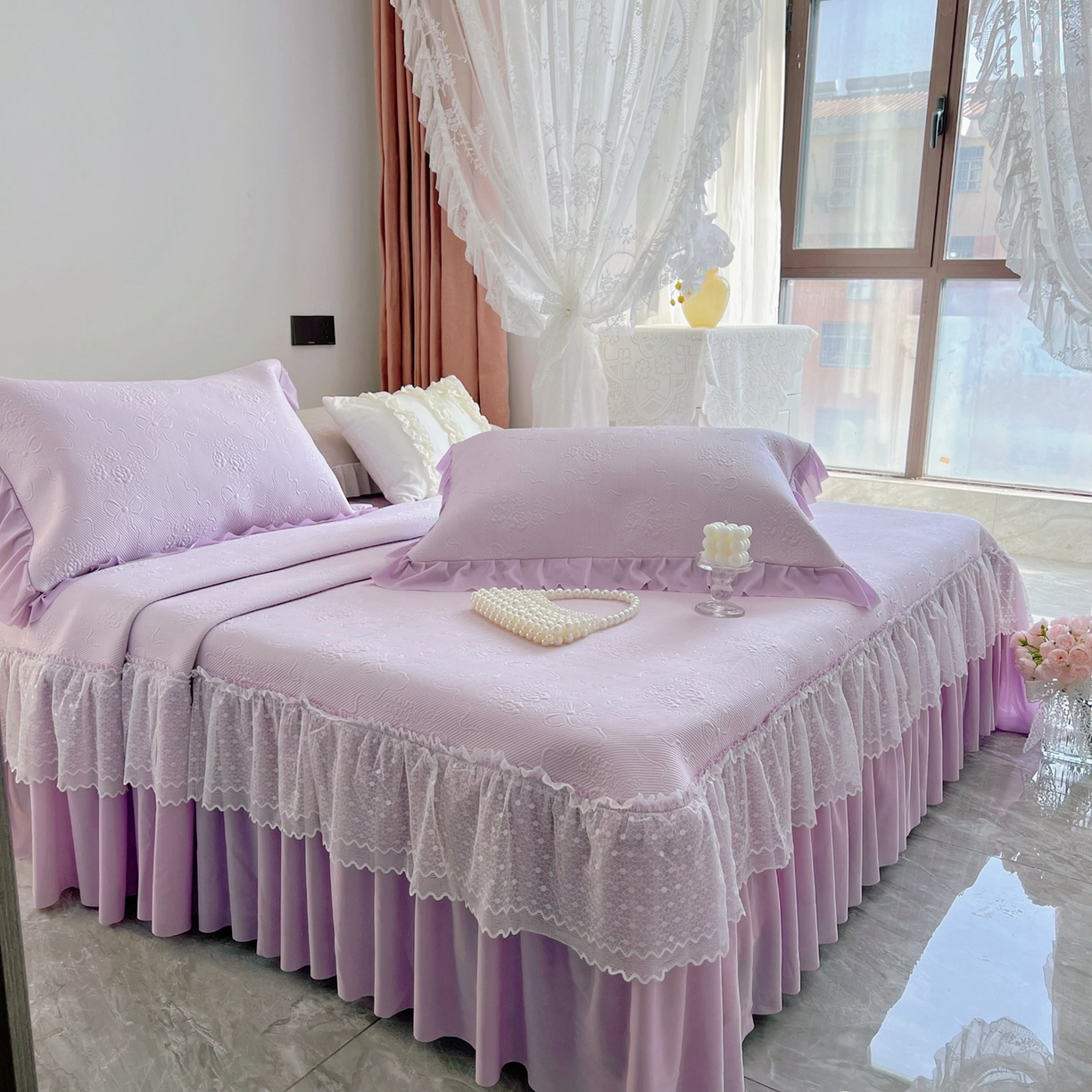 91家纺网 家纺一手货源 找家纺 恋尚羽 2026新款高分子PE凉泡泡大床裙凉感席波浪冰豆豆凉席席子三件套-蝴蝶结系列手捧花 紫色