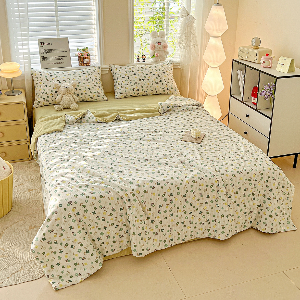 91家纺网 家纺一手货源 找家纺 王朝国际 2026新款A类彩竺棉印花夏被四件套 幸运草