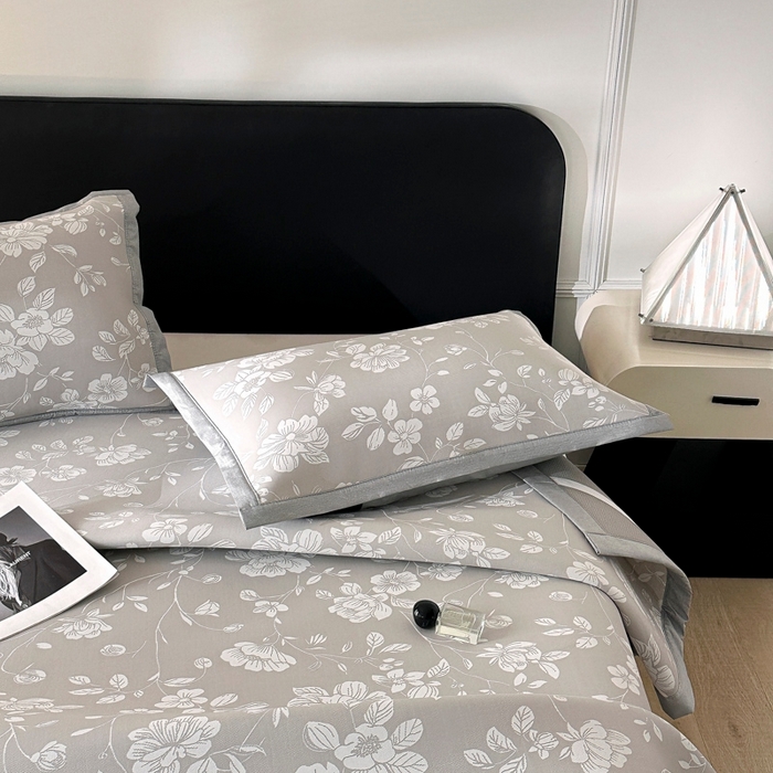 91家纺网 家纺一手货源 找家纺 慕尚家纺 2026春夏新款凉感冰丝提花凉席三件套 花语 灰