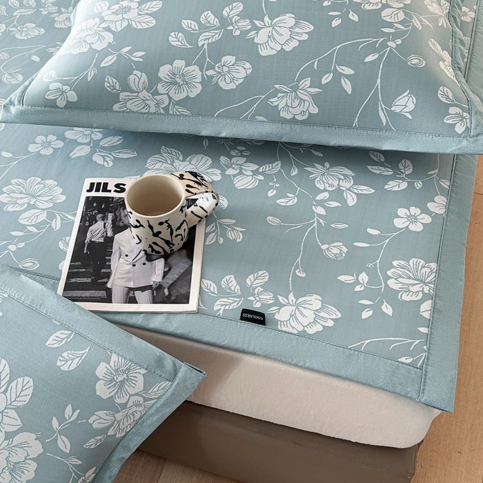 91家纺网 家纺一手货源 找家纺 慕尚家纺 2026春夏新款凉感冰丝提花凉席三件套 花语 蓝