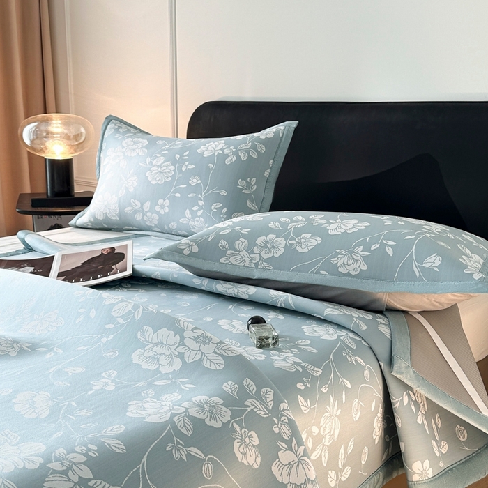 91家纺网 家纺一手货源 找家纺 慕尚家纺 2026春夏新款凉感冰丝提花凉席三件套 花语 蓝