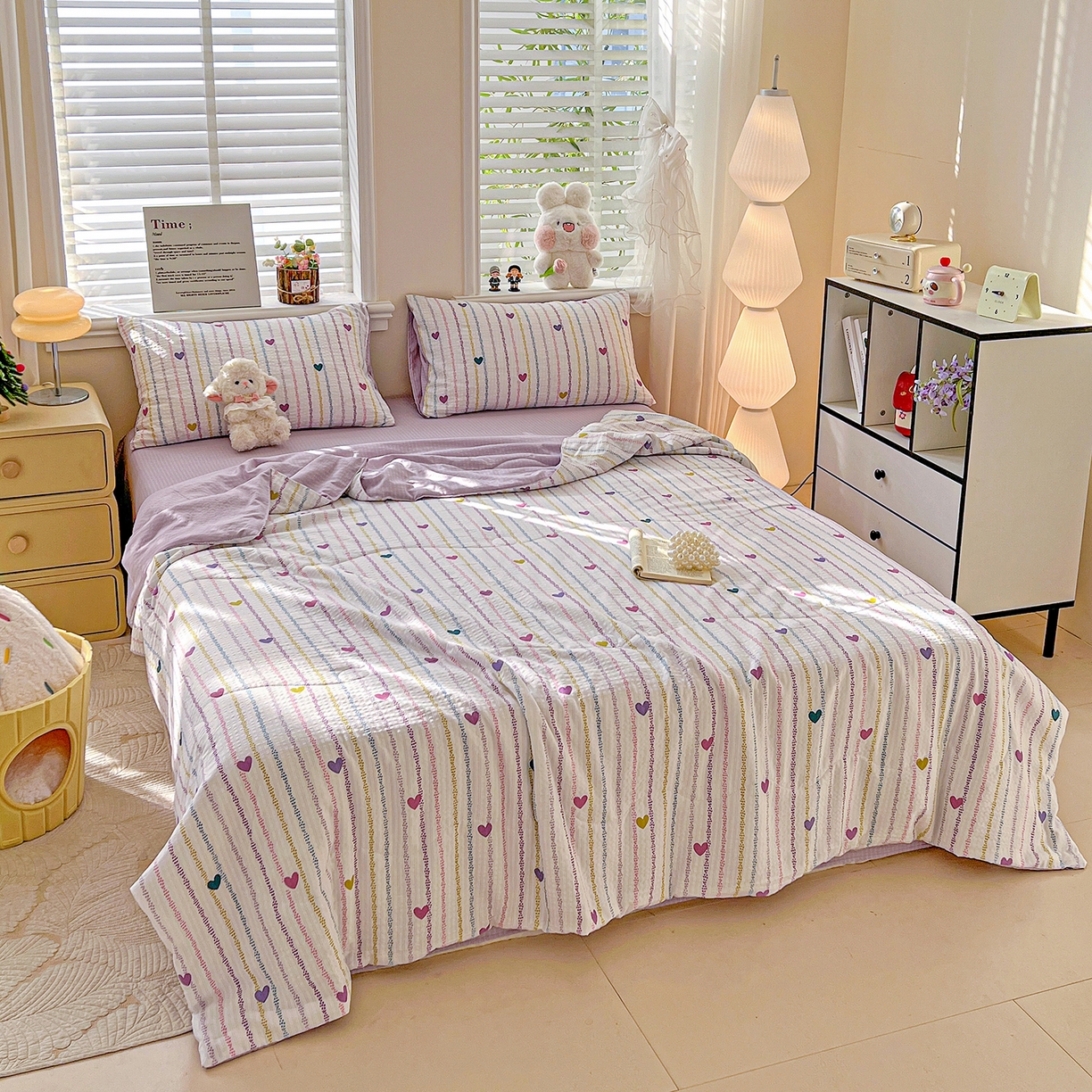 91家纺网 家纺一手货源 找家纺 王朝国际 2026新款A类彩竺棉印花夏被四件套 紫爱心