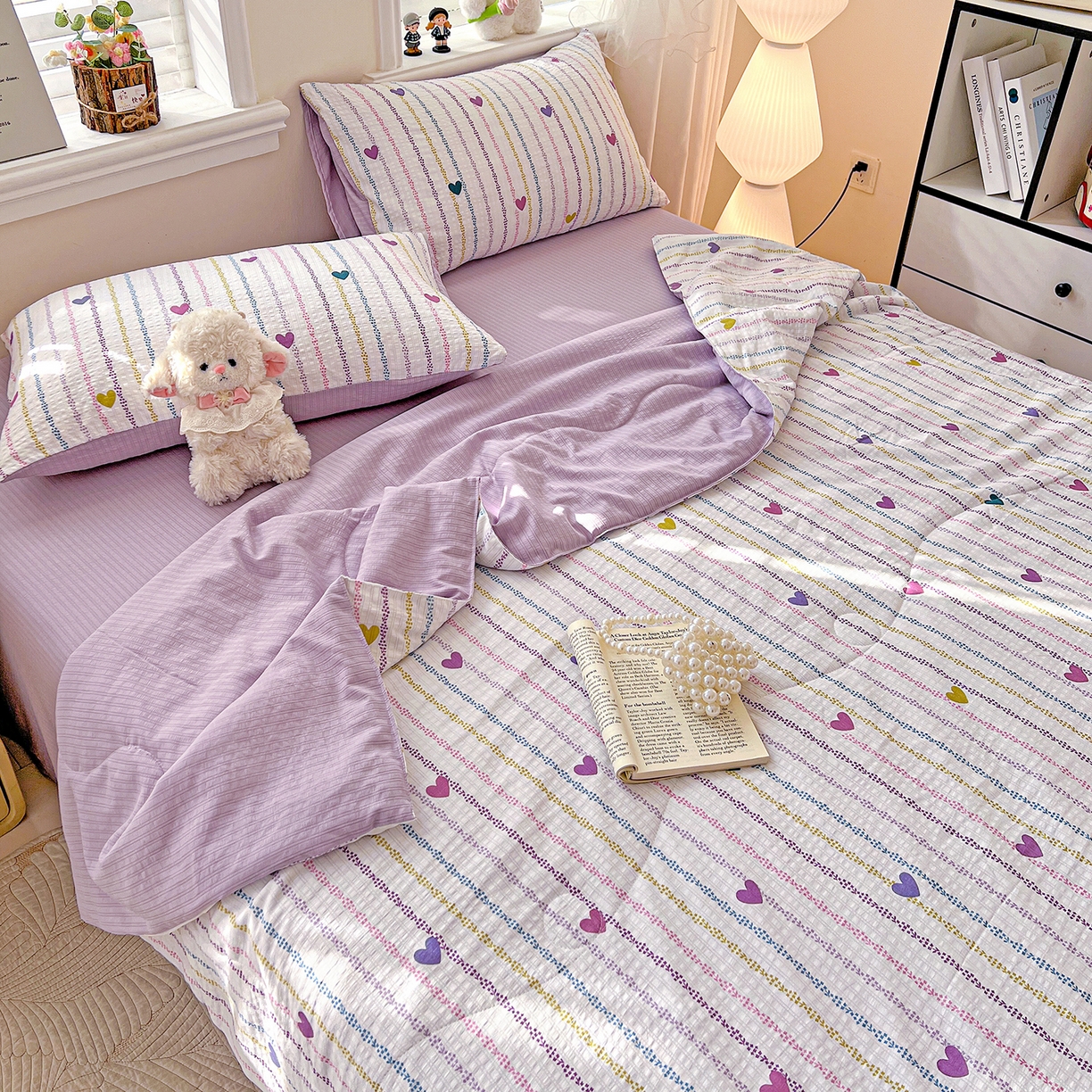 91家纺网 家纺一手货源 找家纺 王朝国际 2026新款A类彩竺棉印花夏被四件套 紫爱心