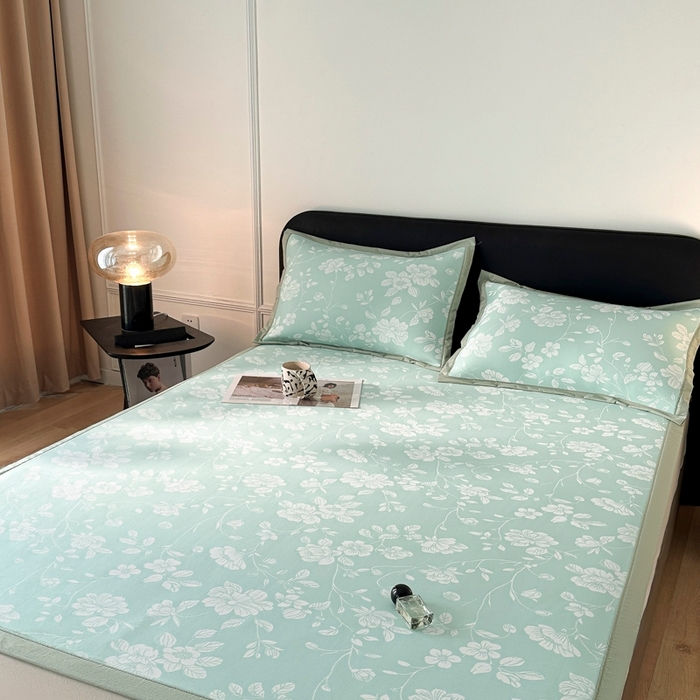 91家纺网 家纺一手货源 找家纺 慕尚家纺 2026春夏新款凉感冰丝提花凉席三件套 花语 绿