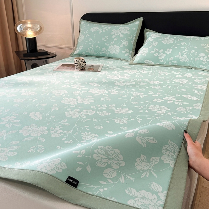 91家纺网 家纺一手货源 找家纺 慕尚家纺 2026春夏新款凉感冰丝提花凉席三件套 花语 绿