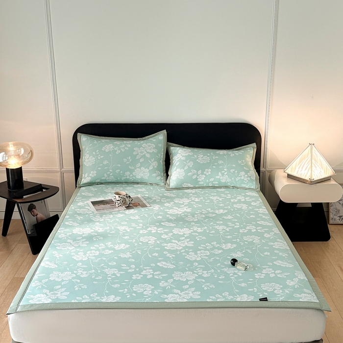 91家纺网 家纺一手货源 找家纺 慕尚家纺 2026春夏新款凉感冰丝提花凉席三件套 花语 绿