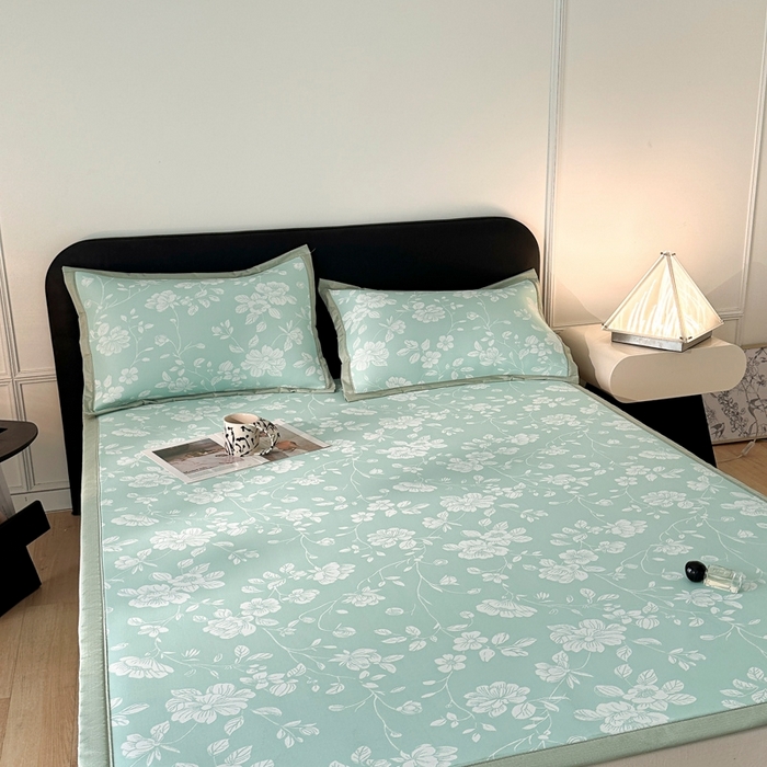 91家纺网 家纺一手货源 找家纺 慕尚家纺 2026春夏新款凉感冰丝提花凉席三件套 花语 绿