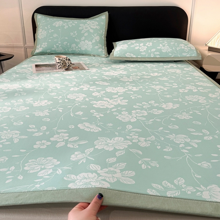 91家纺网 家纺一手货源 找家纺 慕尚家纺 2026春夏新款凉感冰丝提花凉席三件套 花语 绿