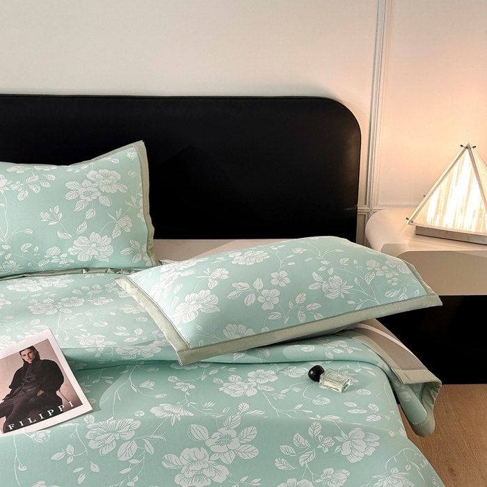 91家纺网 家纺一手货源 找家纺 慕尚家纺 2026春夏新款凉感冰丝提花凉席三件套 花语 绿