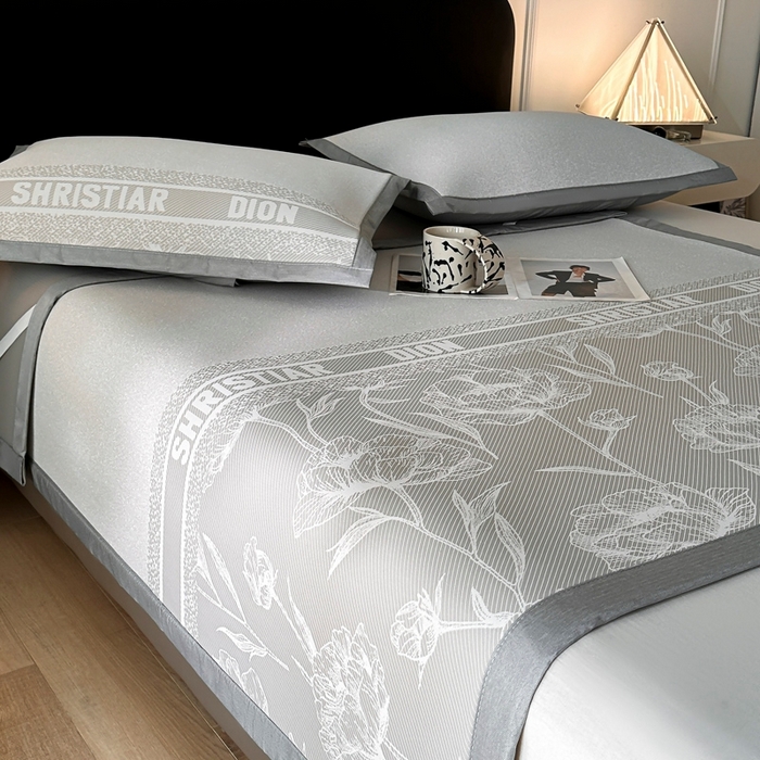 91家纺网 家纺一手货源 找家纺 慕尚家纺 2026春夏新款凉感冰丝提花凉席三件套 水仙 灰