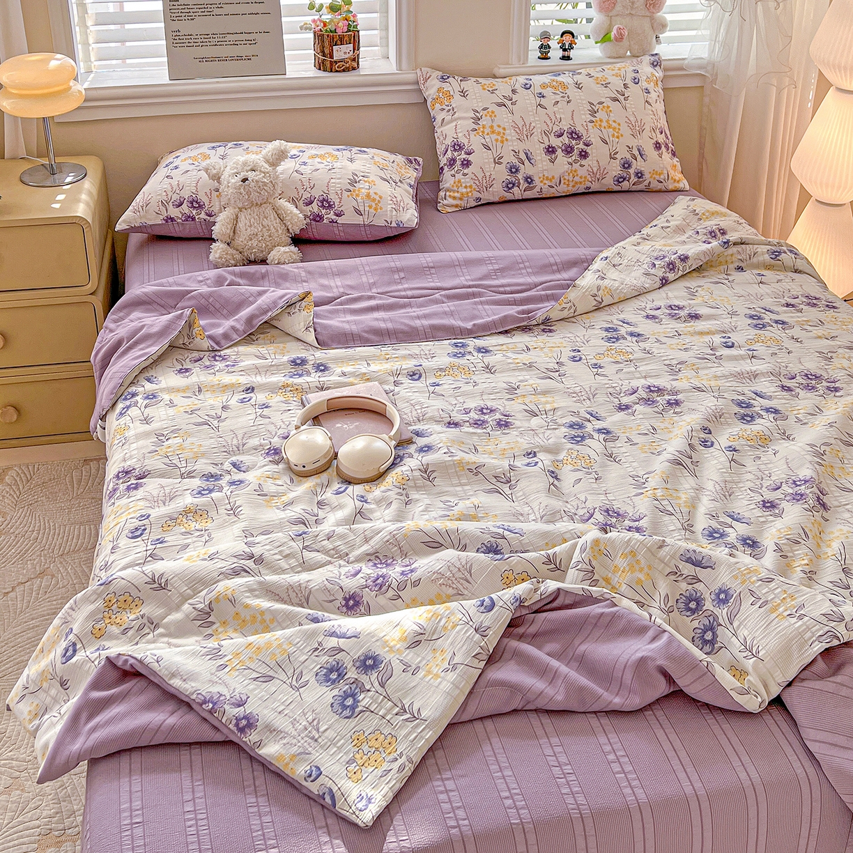 91家纺网 家纺一手货源 找家纺 王朝国际 2026新款A类彩竺棉印花夏被四件套 紫苏