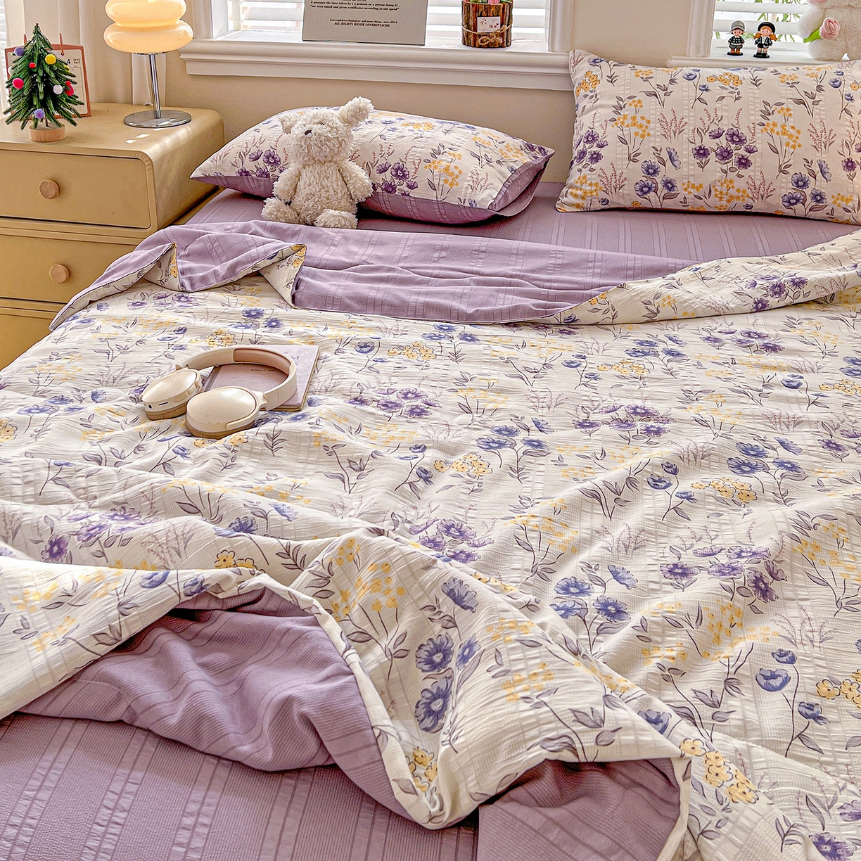 91家纺网 家纺一手货源 找家纺 王朝国际 2026新款A类彩竺棉印花夏被四件套 紫苏