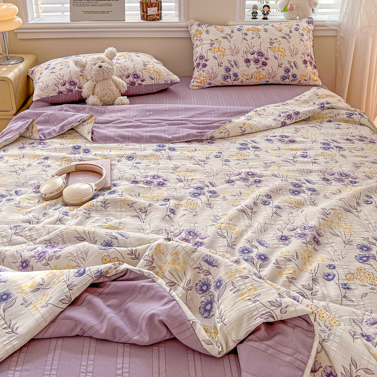 91家纺网 家纺一手货源 找家纺 王朝国际 2026新款A类彩竺棉印花夏被四件套 紫苏