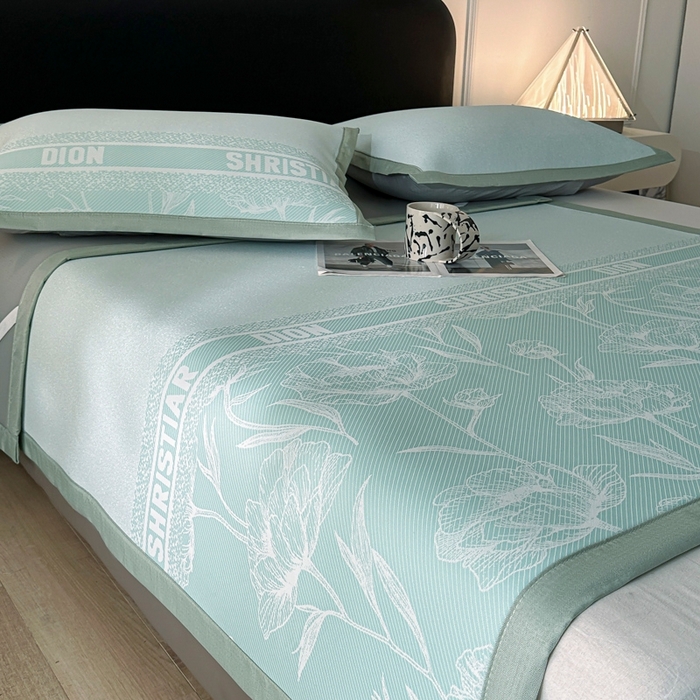 91家纺网 家纺一手货源 找家纺 慕尚家纺 2026春夏新款凉感冰丝提花凉席三件套 水仙 绿