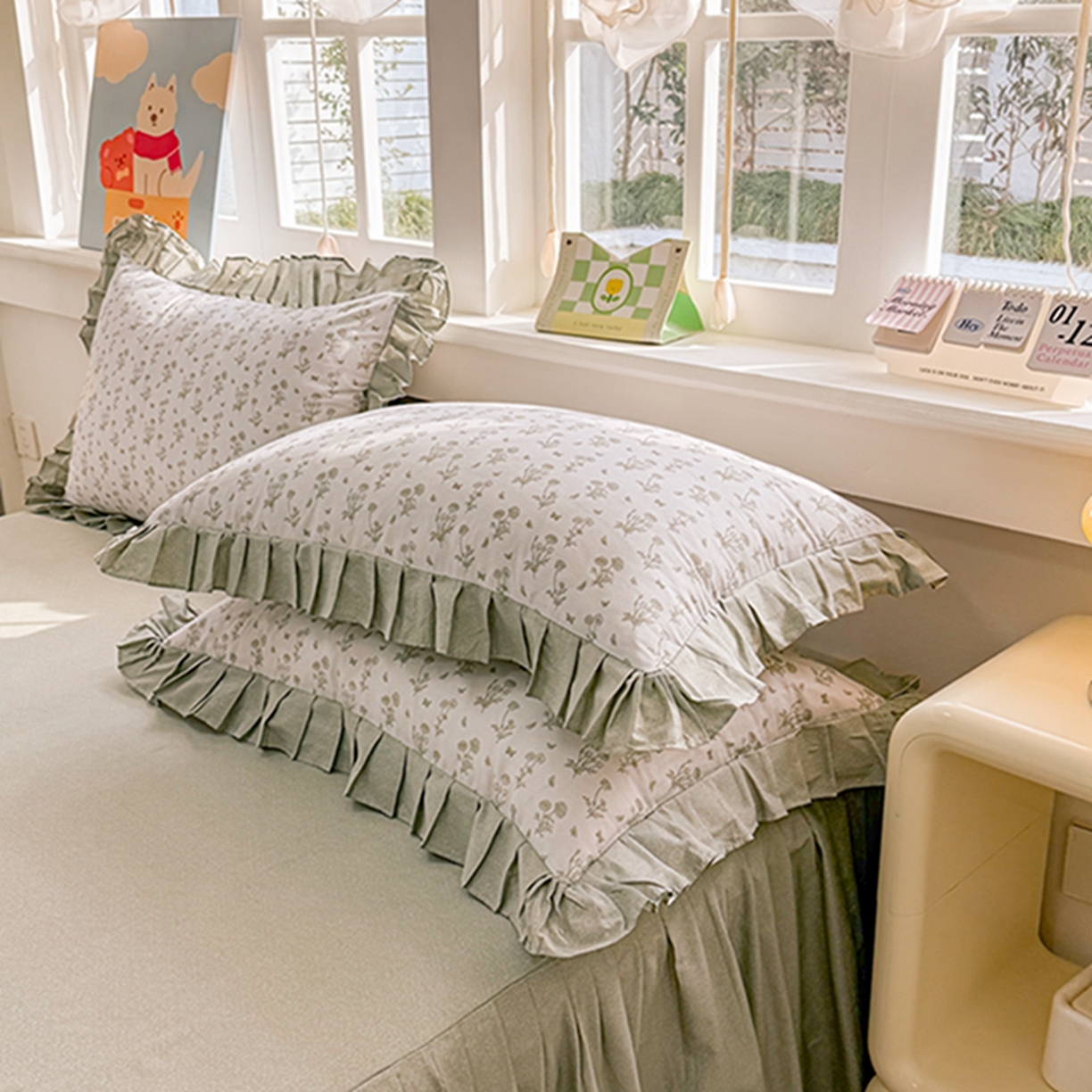 缦彩 2026新款A类全棉纯棉大花边拉链单枕套枕套单件 香菊-绿