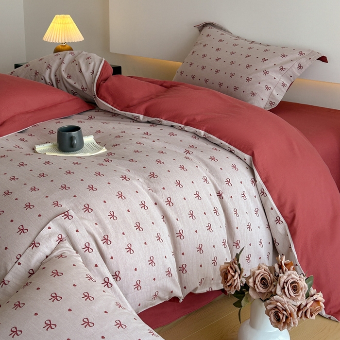 禾时 2026新款全棉纯棉色织提花四件套 蝴蝶结（酒红）