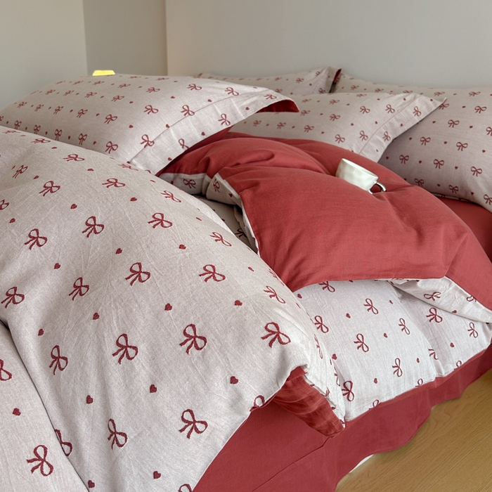 91家纺网 家纺一手货源 找家纺 禾时 2026新款全棉纯棉色织提花四件套 蝴蝶结（酒红）