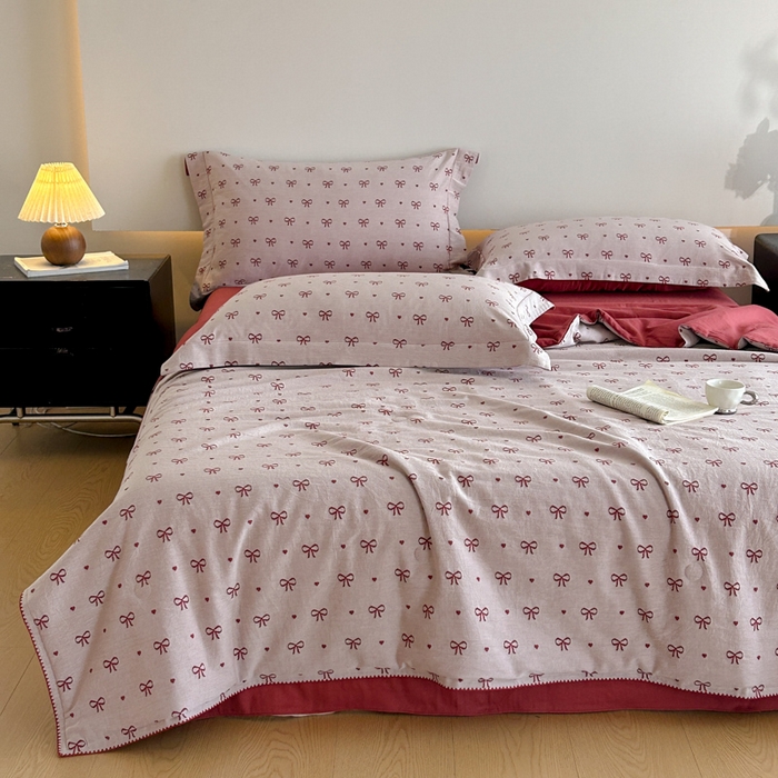 91家纺网 家纺一手货源 找家纺 禾时 2026新款全棉纯棉色织提花四件套 蝴蝶结（酒红）