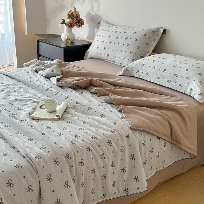 91家纺网 家纺一手货源 找家纺 禾时 2026新款全棉纯棉色织提花四件套 蝴蝶结（咖色）